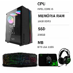 Gamer Intel Core i5-3470 GTX-750 16 GB RAM 256 GB SSD Mouse Keyboard Headset montado en PC - Negro